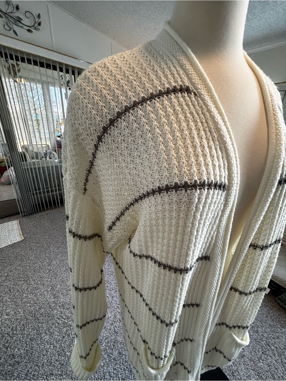 Open-Front Cream Ribbed Cardigan with Subtle Stripe - Picture 2 of 5